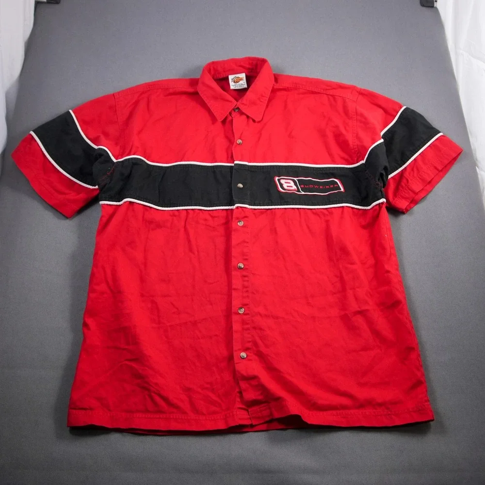 Retro Dale Jr Budweiser Pit Crew Racing Shirt XL Red Button Up Winners Circle - Picture 2 of 11